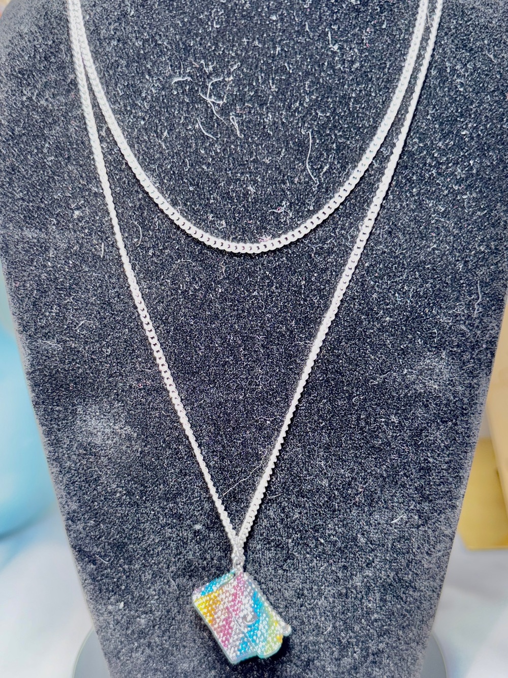 Kurt Geiger Silvertone Multicolor Crystal Kensington Pendant Long Necklace NWt